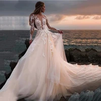 hammah beach charming illusion long sleeves appliques vestido de novia long a line wedding dress long train formal occasion
