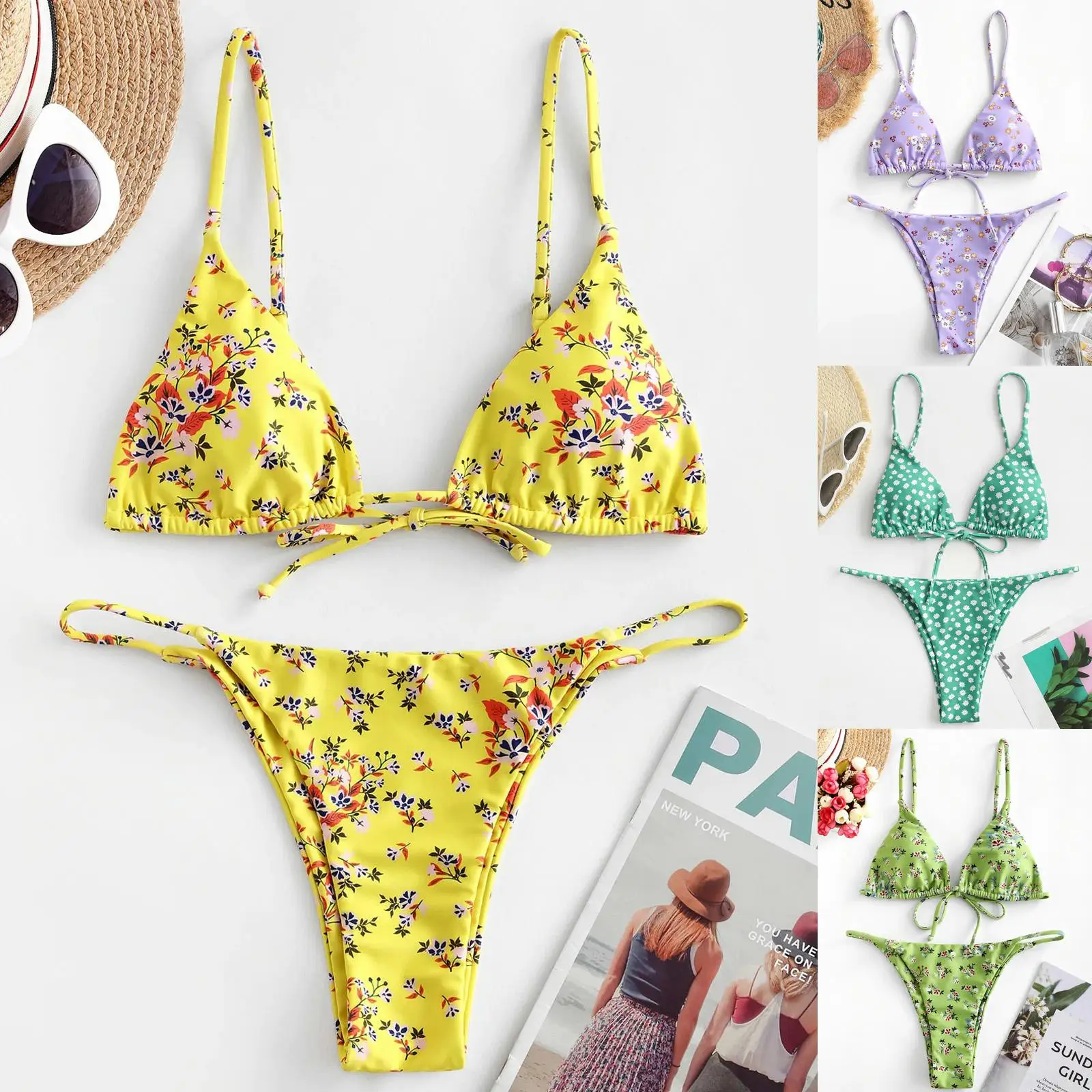 

2021 Summer Women Two Piece Swimwear Sexy Bandeau Bandage Bikini Set Flowers Printed Push Up Brazilian Swimsuit Bathing Suit