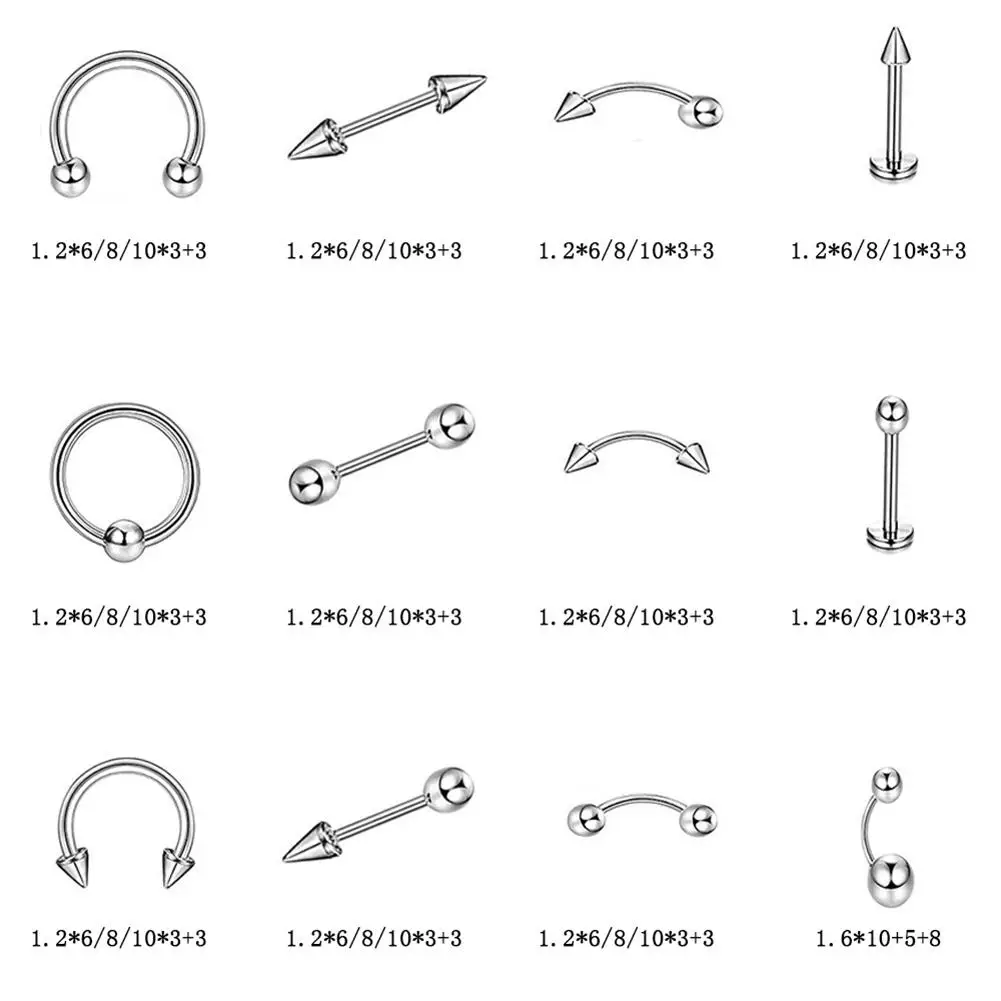 

60Pcs Unisex Stainless Steel Lip Nail Eyebrow Stud Nose Ring Piercing Mixed Set