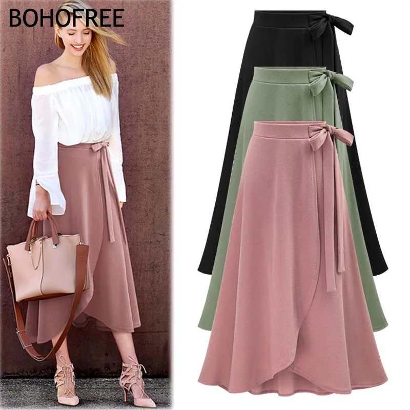 

Oversize 6XL Bow Belt Solid A Line Maxi Skirts Cotton Women plus size Skirt Long Green Asymmetrical Mid-Calf Empire Skirts