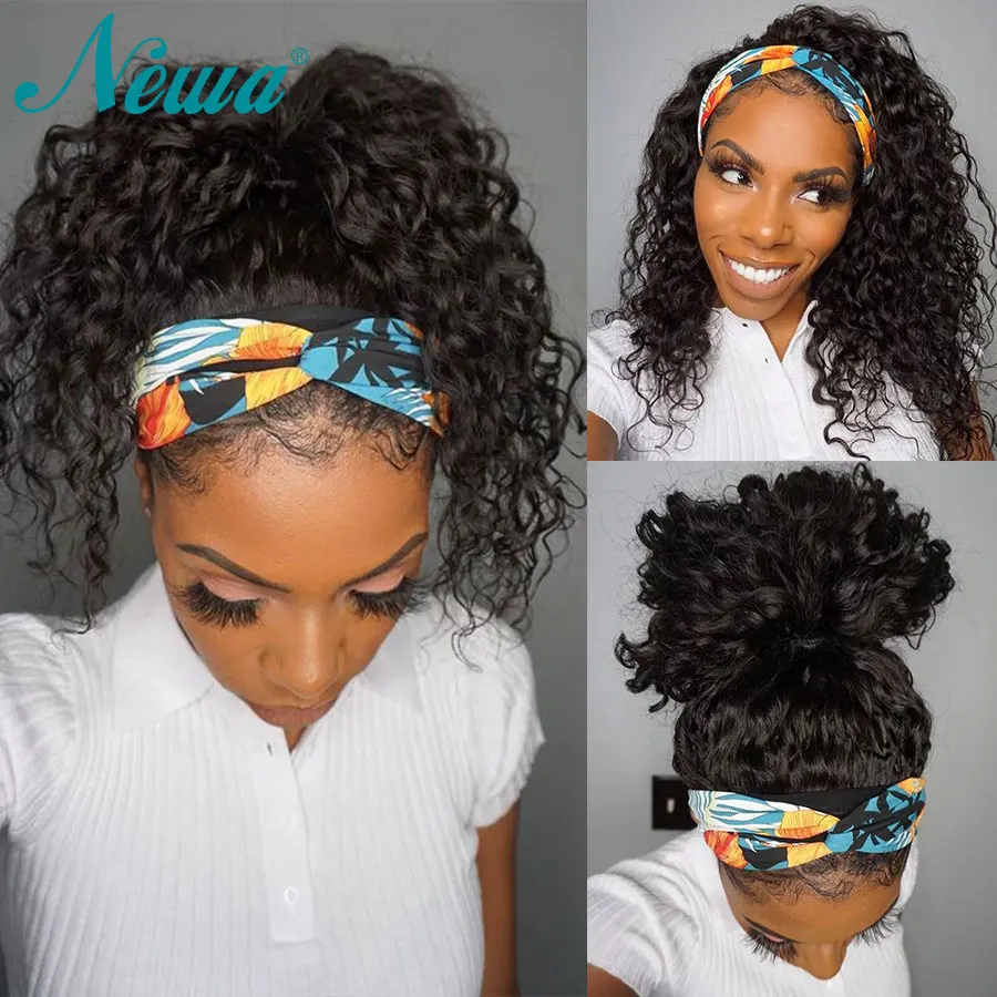 Newa Hair Headband Wig Glueless Curly Human Hair Wigs Full Machine Wigs Brazlian Remy Hair Head band Scarf Wigs For Black Women