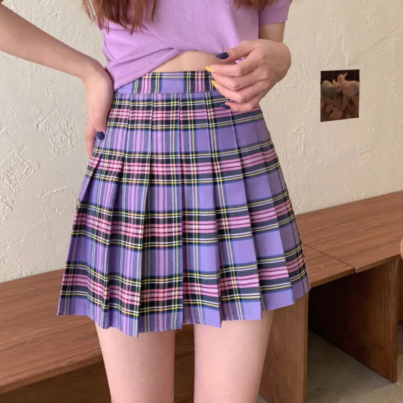 

Zoki High Waist Plaid Women Mini Skirt Summer Fashion School Girls Jk Pleated Skirt A Line Cute Elegant Preppy Dancing Skirts