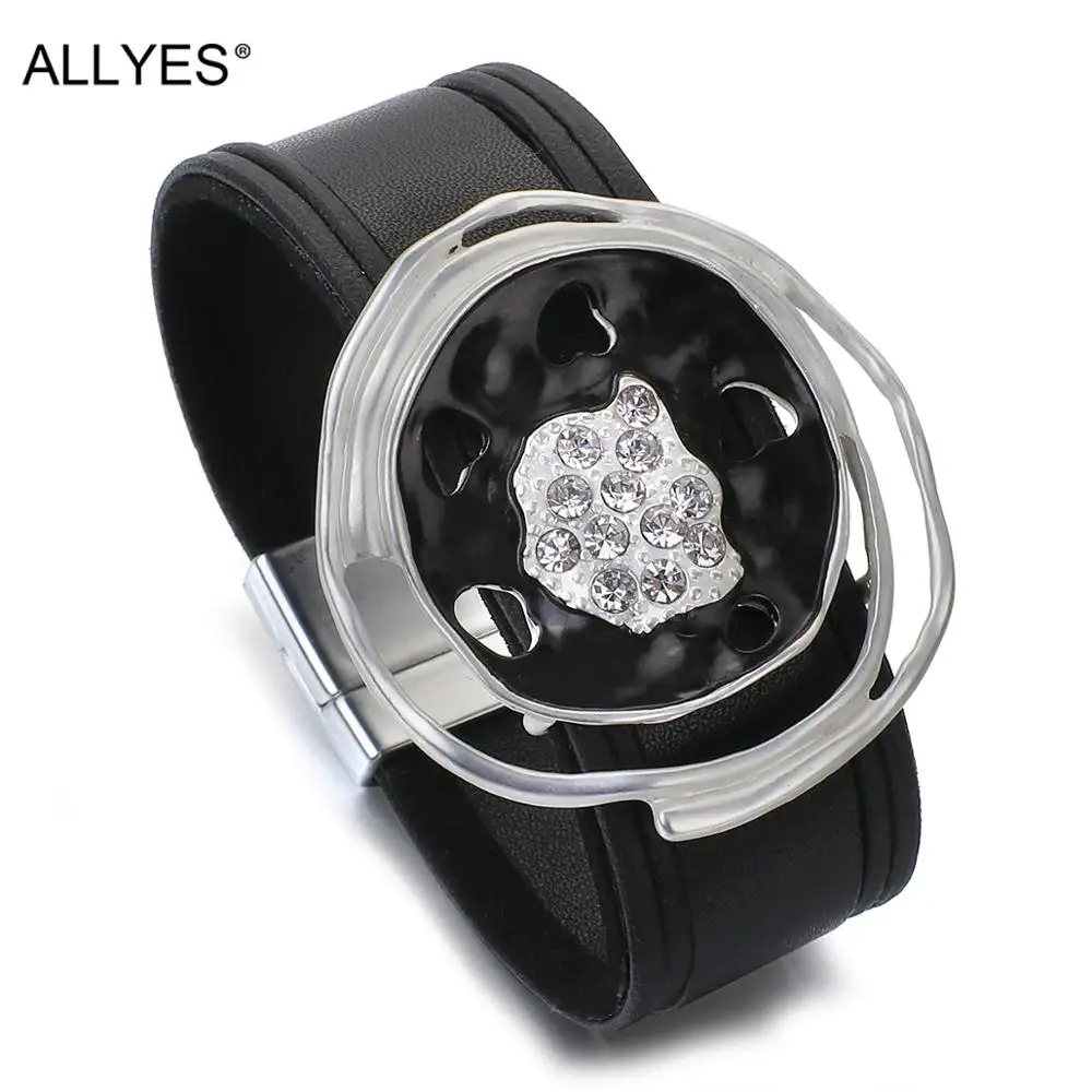 

ALLYES Artistic Hollow Metal Charm Leather Bracelets for Men Women Rhinestone Wide Wrap Bracelet Black Party Club Jewelry
