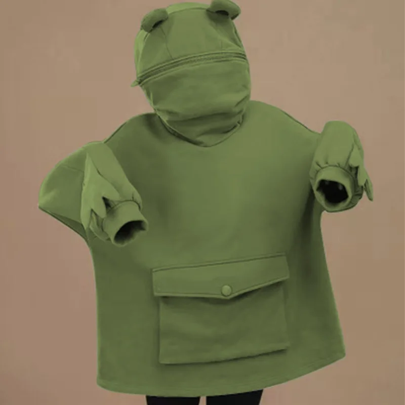 Женская кофта с капюшоном и принтом в виде лягушки однотонная | одежда