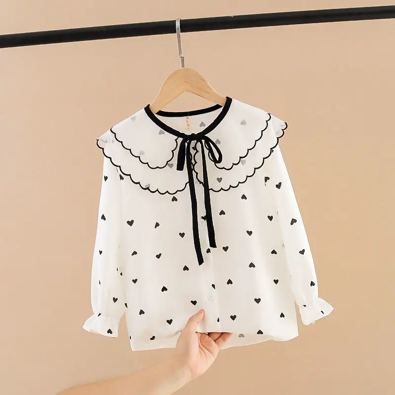 

Top Quality Sweet Pink Girls Shirts Summer New 2021 Heart Printed Women Blouse Children Kids Clothing Outwear Tops