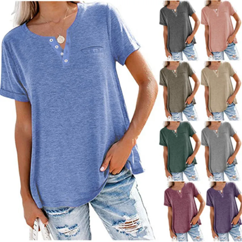 

Fashion Solid Color Short Sleeve T-Shirt Women Casual Buttons Loose Tops S-3XL Summer V-Neck Pockets Splice Lady Tee Plus Size