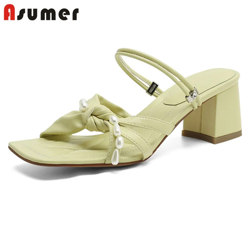 

Женские шлепанцы с жемчугом Asumer, на толстом высоком каблуке, однотонные, лето 2021