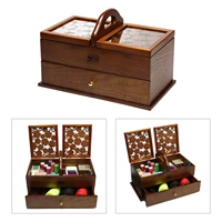 carved wood sewing basket w compartment expansion box storage for sewing tools