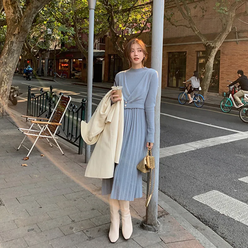 

2020 Autumn Winter Office Women Pleated Knitted Dress Gentle Female Solid Soft Warm Long Dress