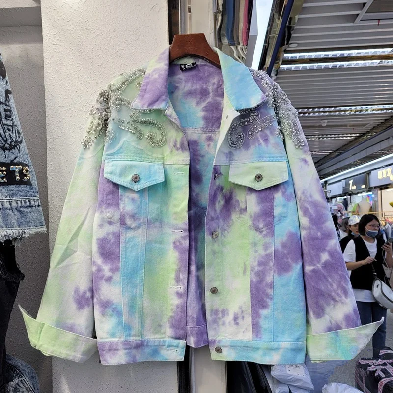 

Manual Pearl Beaded Diamond Mesh Stitching Tie-dye Hand-painted Printing Loose Streetwear Spring 2022 Women Casual Denim Jacket