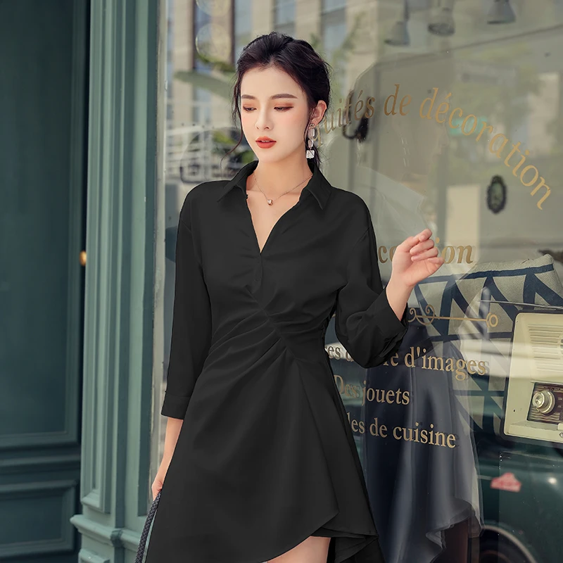 

2021 New Summer Elegant Women Shirt Dresses Casual High Waist White Dress Female Irregular Pleated Zipper Office Lady Vestidos