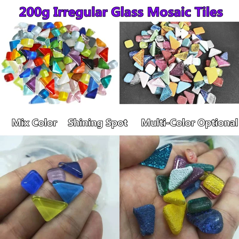 

200g(7.05oz) Irregular Shape Glass Mosaic Tiles Multi-Color Optional Glitter Square/Rhombus Mosaic Stones DIY Mosaic Materials