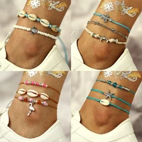 2021 new fashion retro bohemia style 3 pcs sleeve lucky tree shell tortoise multilayer anklet mens womens beach accessories