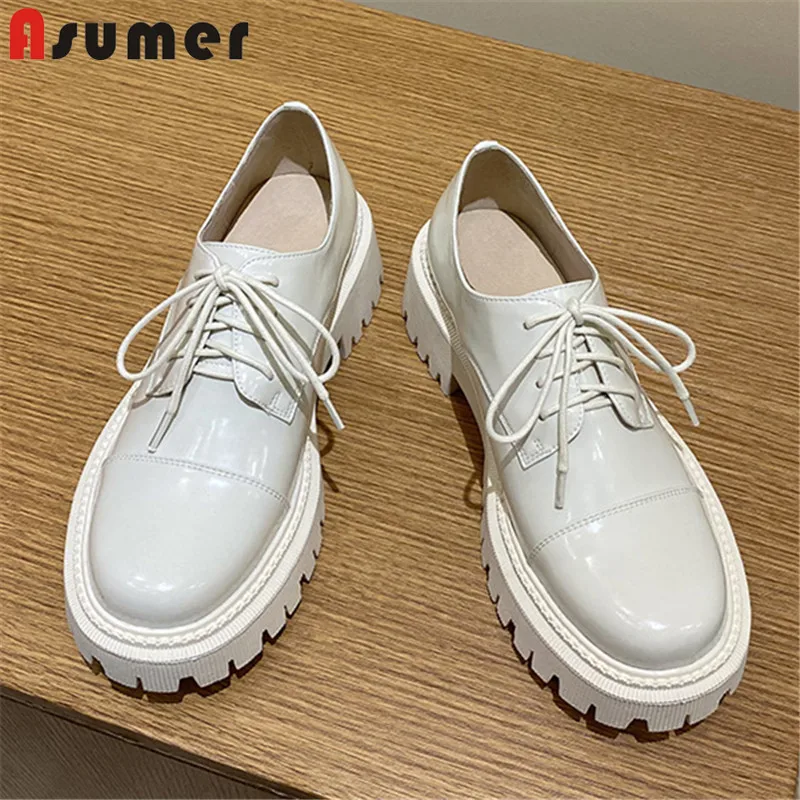 

Asumer New Fashion Casual Shoes Women Genuine Leather Shoes Round Toe Lace Up Thick Bottom Spring Platform Shoes Women Pumps