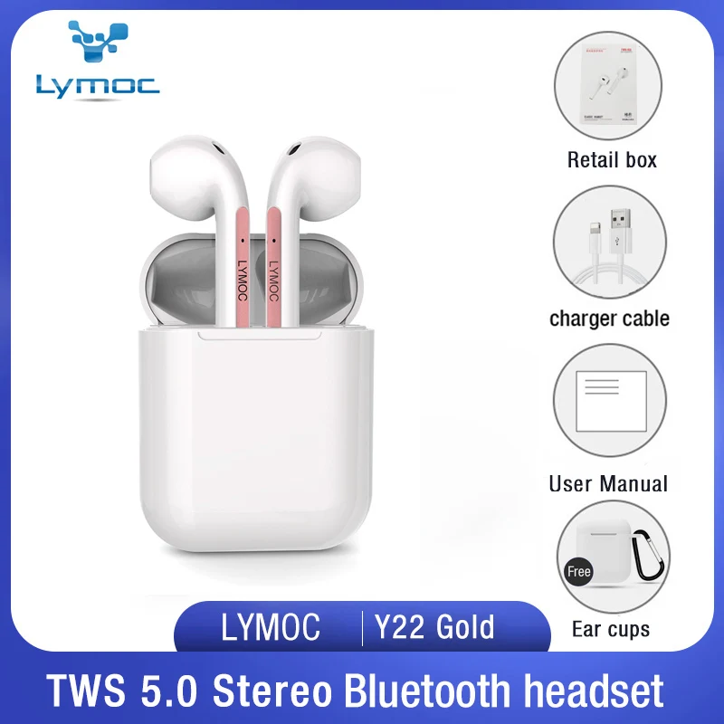 LYMOC Y22 Bluetooth наушники 5,0 TWS беспроводные наушники Авто парные стерео спортивные наушники с HD микрофоном умный голос для iPhone Xiaomi - Цвет: Gold retail box