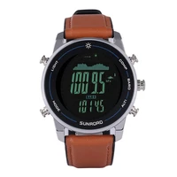 digital men watch for sports fishing altimeter compass barometer 100m waterproof stainless steel leather strap