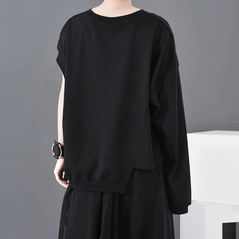 

[EAM] Women Black Split Joint Asymmetrical Big Size T-shirt New Round Neck Long Sleeve Fashion Tide Spring Autumn 2021 1R85201