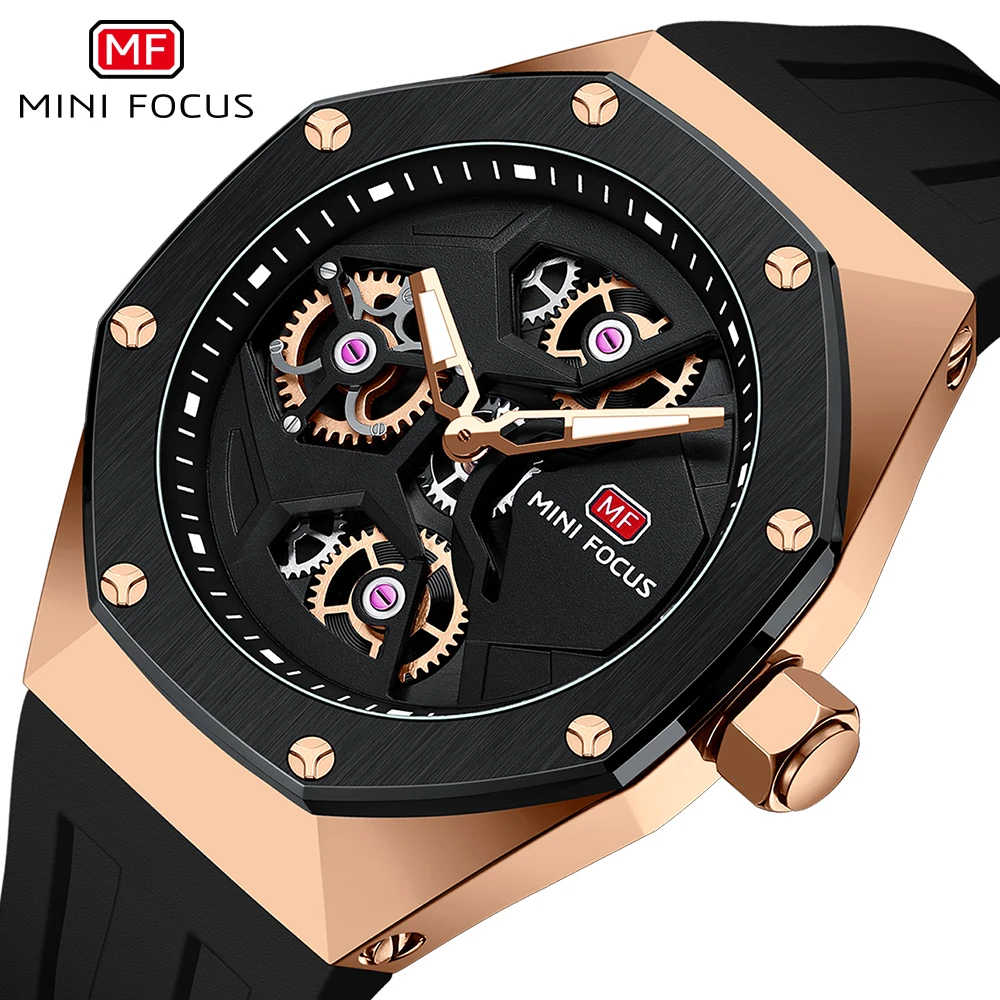 

MINI FOCUS Sport Quartz Wrist Watches for Men Octagonal Case Chic Dial Silicone Strap Luminous Hands Black Watch Fashion Gift