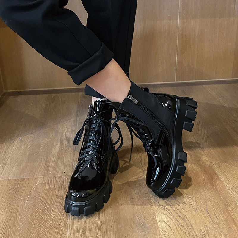 

MStacchi New Boots Women Round Toe Lace-Up Zipper Belt Buckle Flat Shoes Thick Bottom Colour Mixture Fashion Ankle Boots Mujer