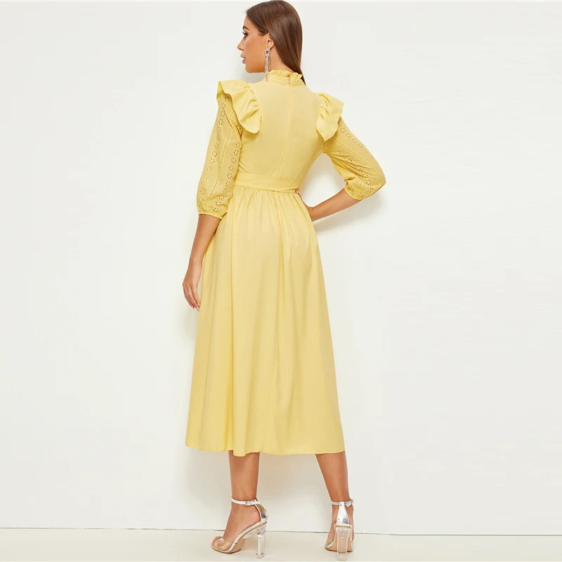 SHEIN женское платье с декоративной оборкой и поясом, весенне-осеннее длинное платье, приталенное и расклешенное ТРАПЕЦИЕВИДНОЕ элегантное платье в стиле ампир