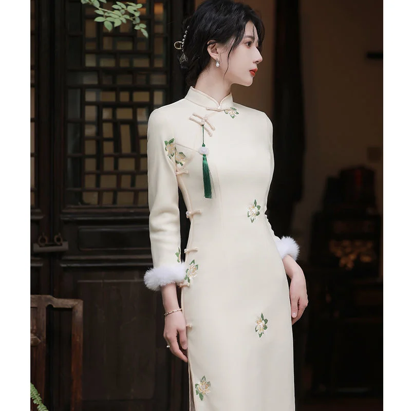 

Осенне-зимнее плотное облегающее платье Ципао с вышивкой, шерстяное китайское платье, элегантное женское искусственное платье, Восточная о...