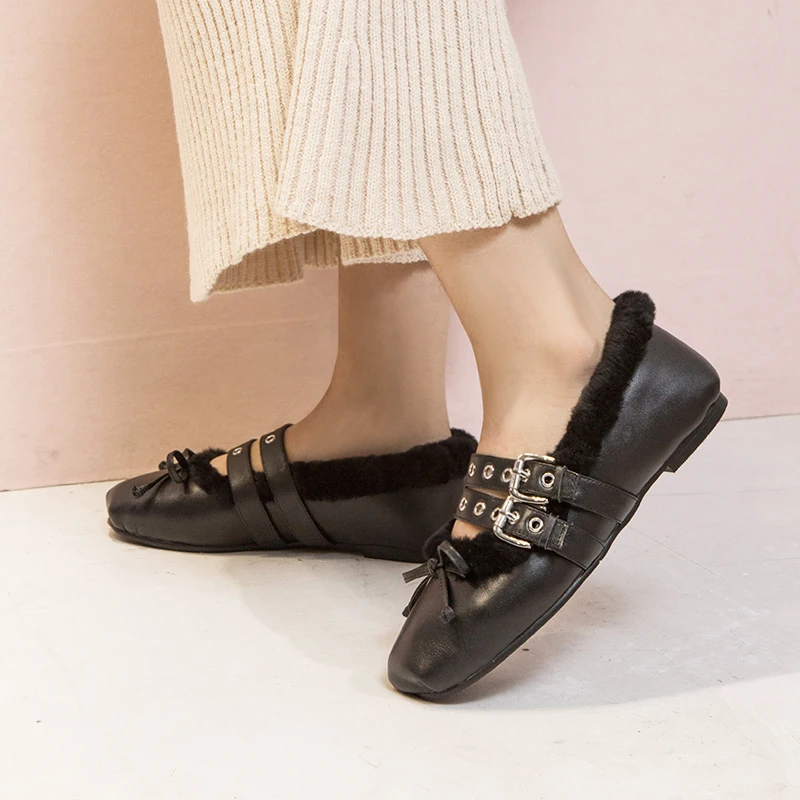 

Women's real leather metal buckle slip-on ballet flats leisure soft comfort wool winter warm bellerians casual moccasins shoes