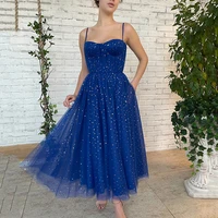 glitter royal blue starry tulle tea length prom dresses 2022 vestido de formatura modest cheap wedding party dress sexy evening