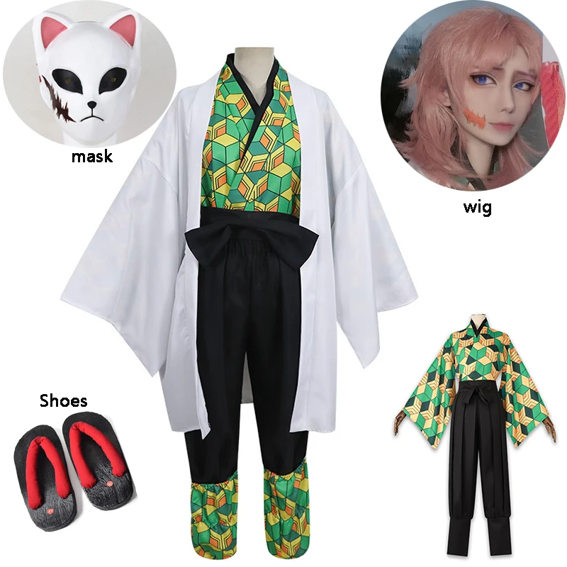 

Anime Demon Slayer Cosplay Costume Kimetsu no Yaiba Sabito Kimono Cape Women Men Halloween Costumes wig and Shoes Accessories