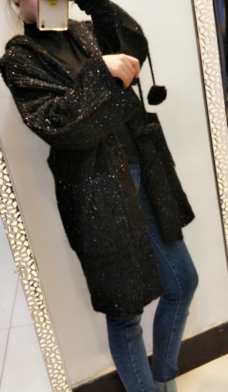 Cakucool блестящие женские золотые люрекс Открыть стежка Bling блестками Длинные кардиганы Свободные Корея свитер с капюшоном вязаное пальто Верхняя одежда для женщин