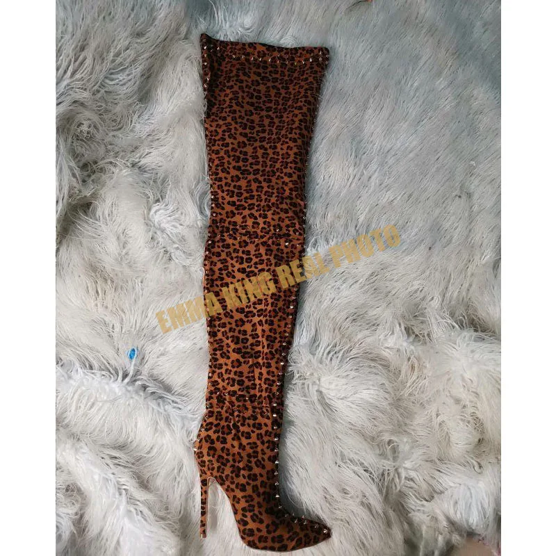 Брендовые новые модные сапоги с заклепками и леопардовым принтом