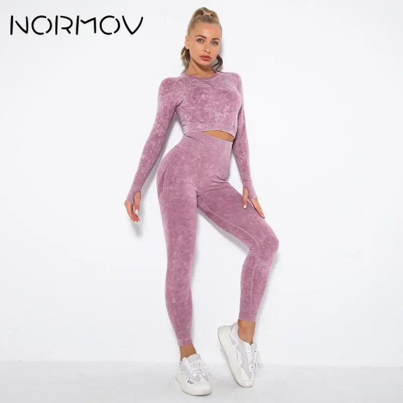 

NORMOV Yoga Set Printed Sexy Seamless Sportswear Fitness Suit Sports Shirts High Waist Gym Leggings 2 Piece Set Workout Set