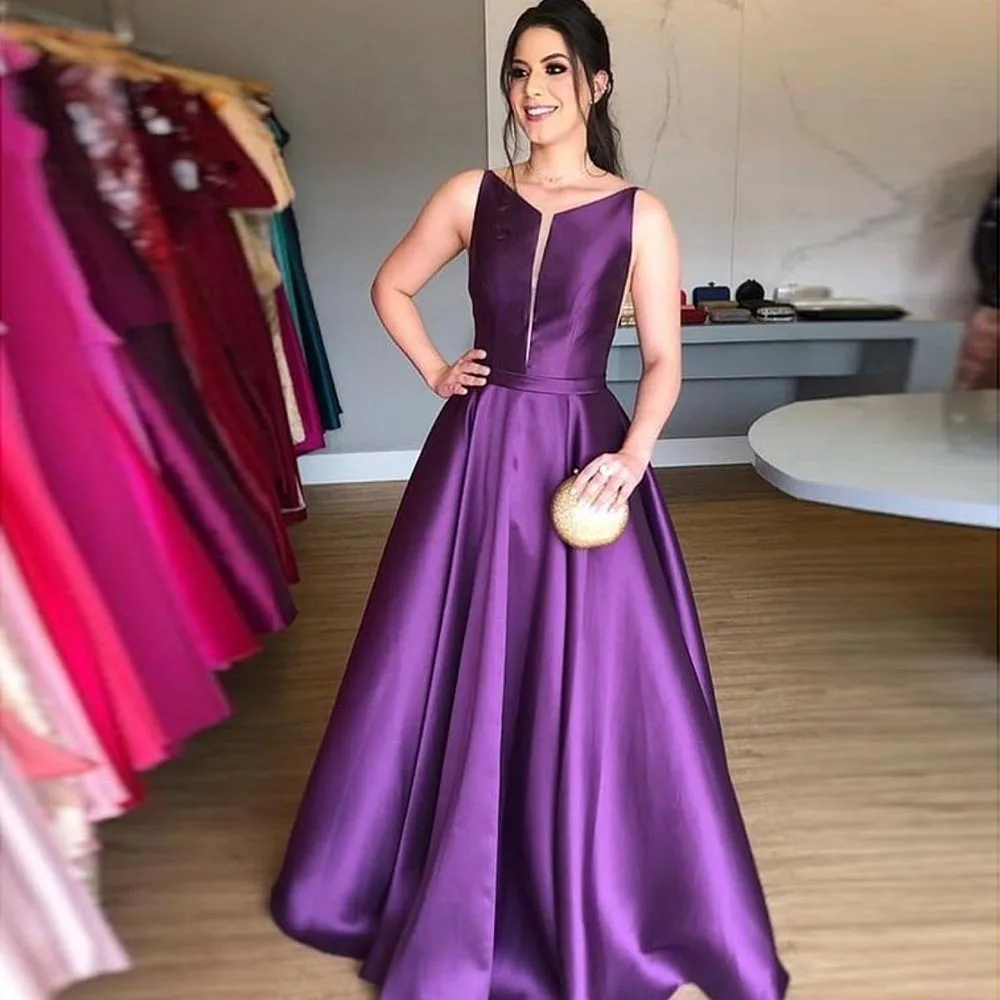 

Purple Satin Evening Dresses Long 2021Women Sexy V-Neck A-Line Eleglant Prom Gown Simple Custom Made Plus Size vestido de fiesta