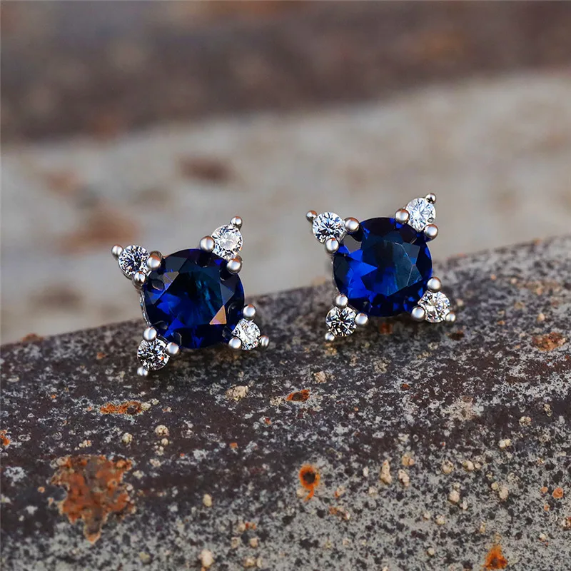 

Vintage Female Blue Green Crystal Earrings Cute Silver Color Stud Small Earrings For Women Trendy Bridal Round Wedding Earrings