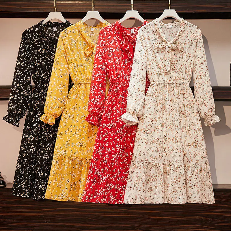 

2021 Spring Autumn New Women's Chiffon Floral Dress Long Sleeve Lace Bowknot Elastic Waist Print Dresses For Fashion