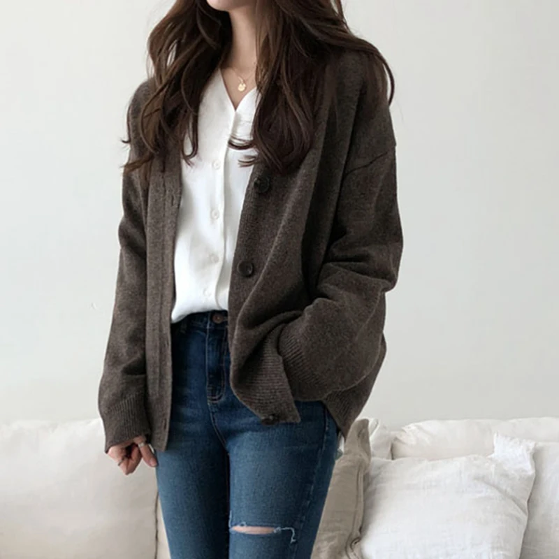 Осенний свитер кардиган с V-образным вырезом зимний Хлопковый вязаный джемпер