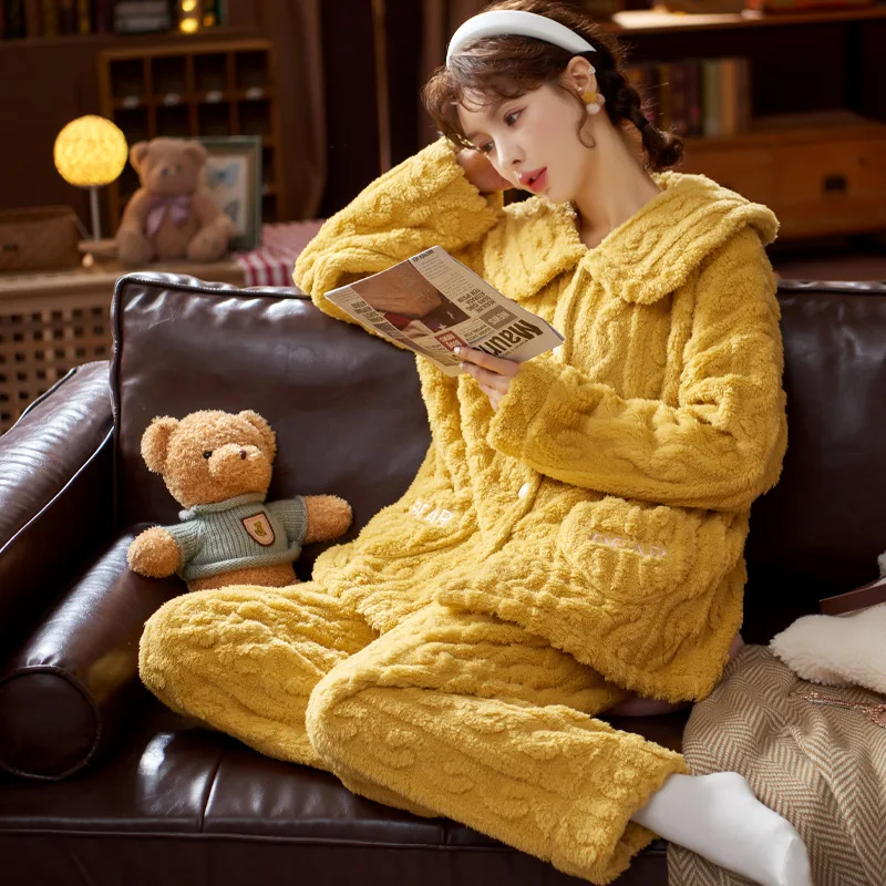 

Women's Pajamas Sleepwear Women's Cotton Cute Autumn Winter Thick Coral Fleece Female Home Clothes Sexy Nightwear Lounge Wear