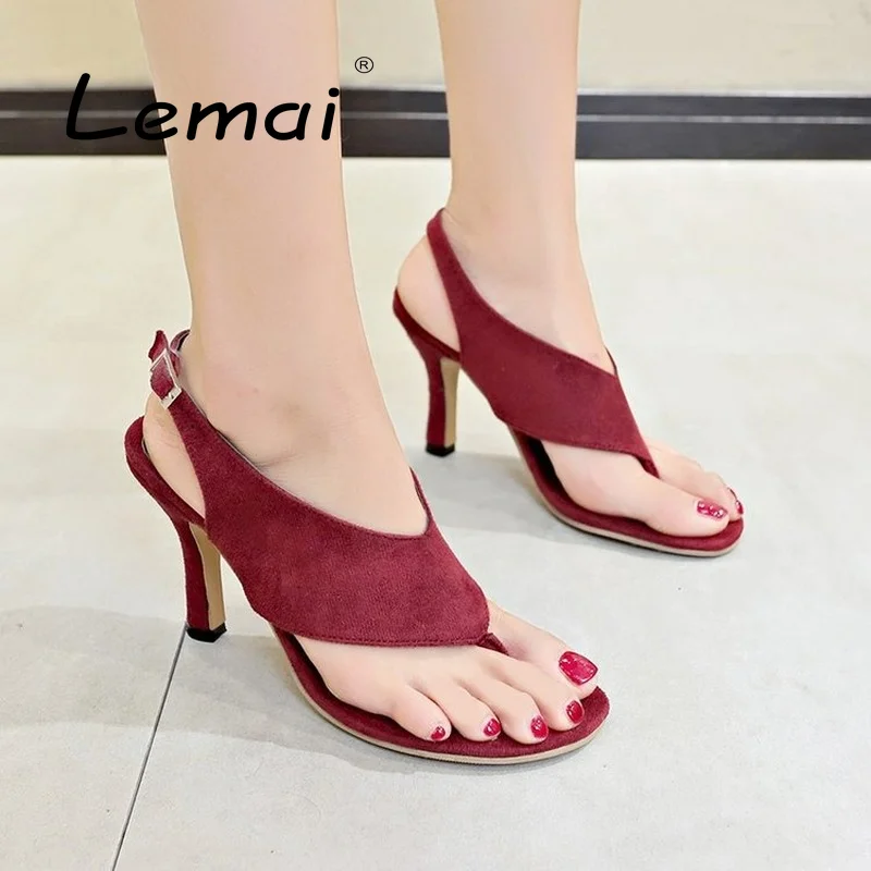 

Solid Color High-heeled Flip-flops Summer Round Toe Fashion Non-slip Breathable Women's Sandals Flock Elegant Stiletto Shoes
