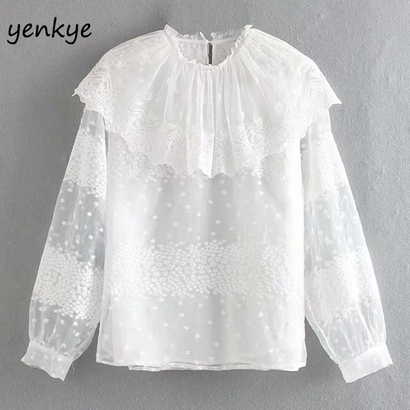 Женская кружевная сексуальная полупрозрачная белая блузка элегантная женская