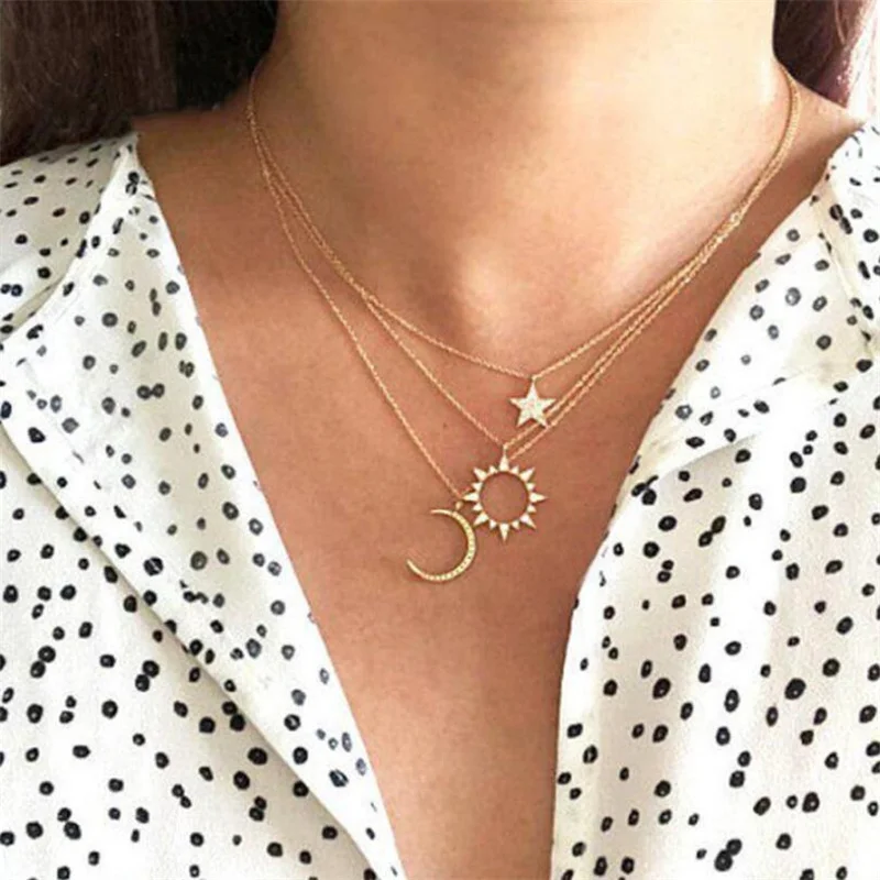

Crystal Gold Pendant Necklaces For Women Girls 2021 Fashion Moon Star Sun Necklace Choker Custom Jewelry Best Friend Gift