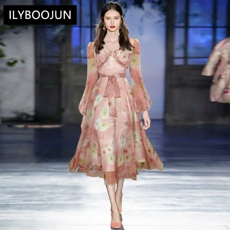 

Fashion Runway Autumn Party Dress Women's Lantern Sleeve Belted Flower Print Chiffon Holiday Midi Dress