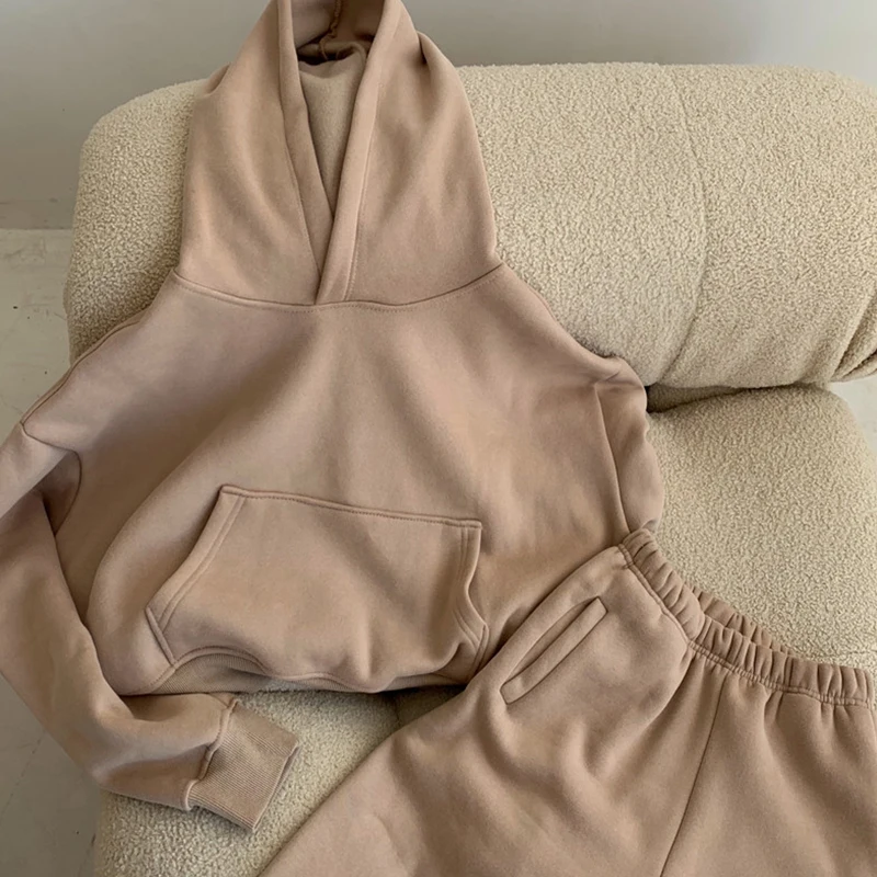 Sister Fara New Spring Autumn Casual Set Woman 2 Pieces Short Hooded Sweater+Elastic Waist Wide Leg Pants Female Two-piece Suit |