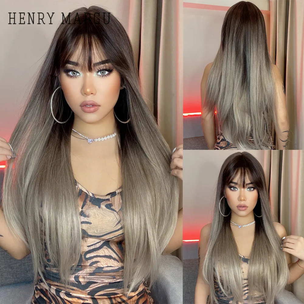 

HENRY MARGU Long Straight Synthetic Wigs with Bang Brown Ombre Golden Natural Hair for Daily Cosplay Party Heat Resistant Wig