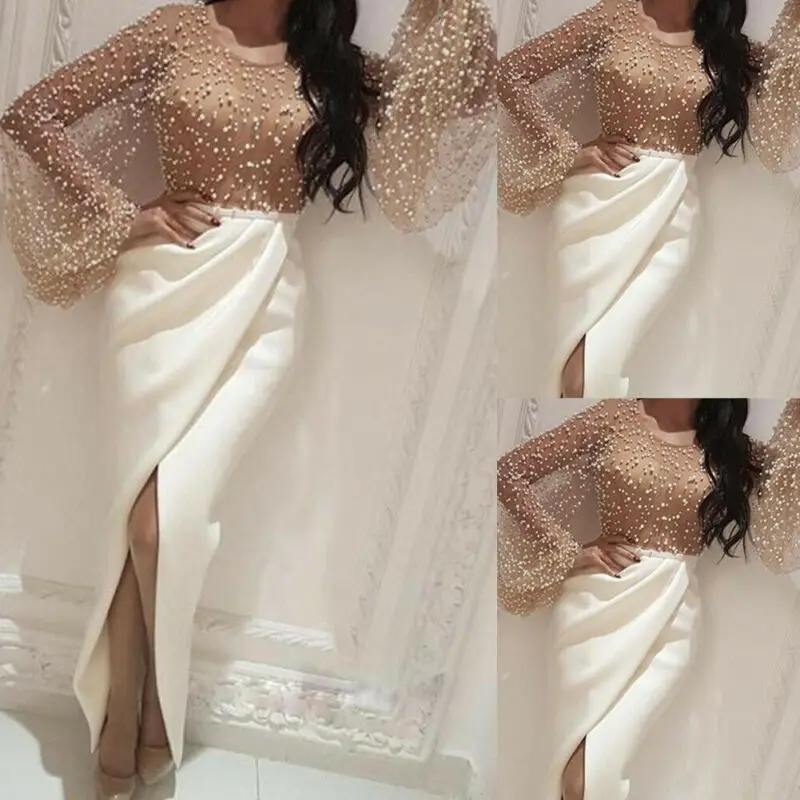 Женское прозрачное вечернее платье с длинными рукавами фонариками бисером