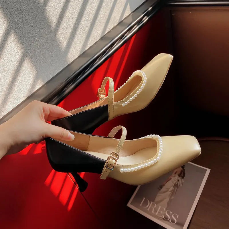 

High Heels Sexy Wedding Shoes Stiletto Shoes Beige Apricot Heels Square Toe Large Size Lady Sexy Pumps Summer Dress Shoes