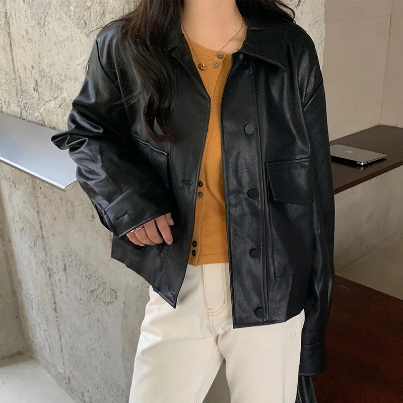 

High Street Loose Motorcycle Faux Leather Jacket Women Spring Warm Chic PU Coat Female Casual Short Jacket Street Outwear New