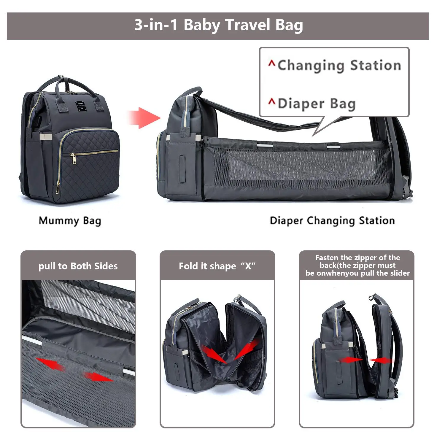 

Portable Baby Bag with USB Charging Port 3 in 1 Diaper Backpack with Changing Station Bassinet Stroller Straps Thermal Pockets