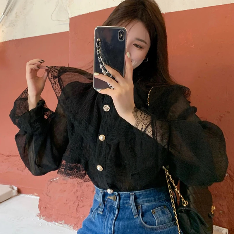 Stand collar chiffon shirt female Ruffled Long sleeve 2021 Loose Ladies Lace Women Shirts Blusas Feminine harajuku shirt 228F