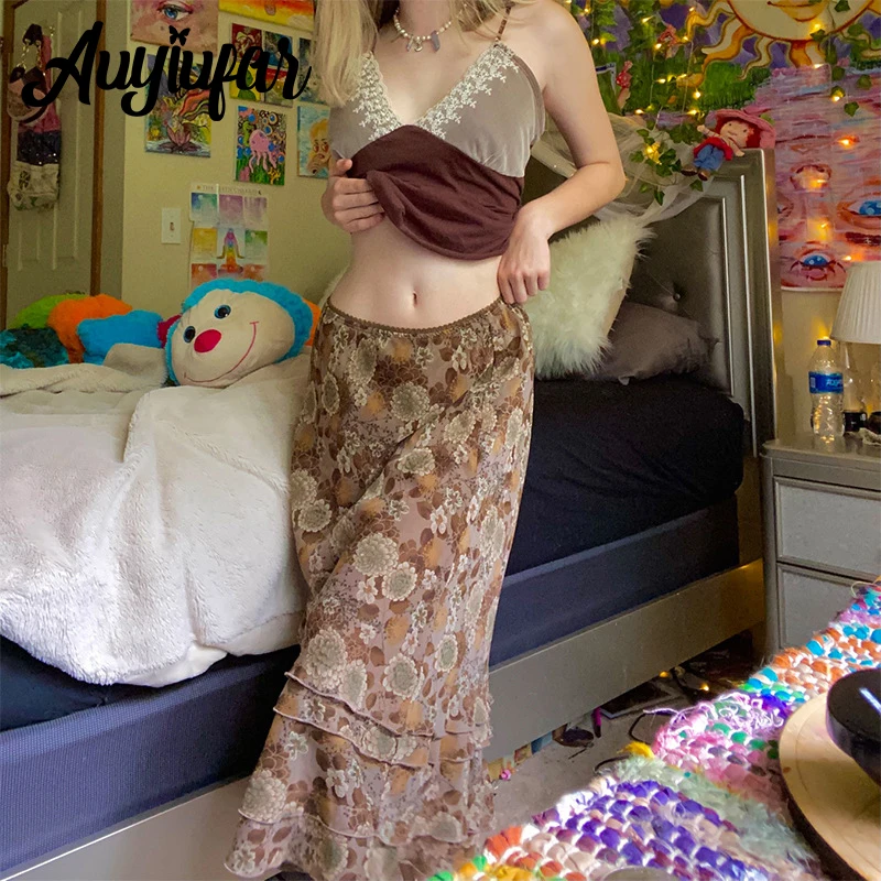 

Auyiufar Floral Pattern Vintage Fairy Grunge Midi Skirt Goblincore Ruffles Tirm High Waist Y2K Aesthetic Skirts Fashion Outfits