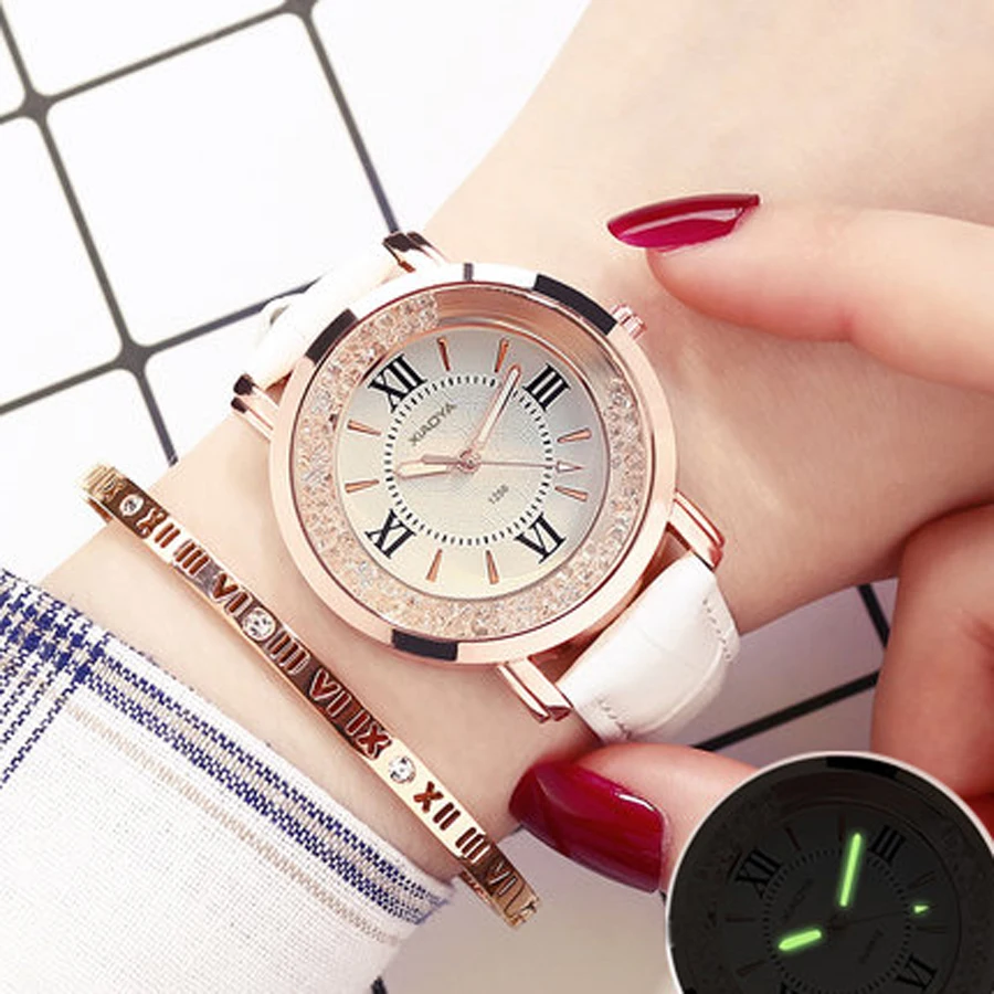 Женские кварцевые часы со стразами браслет с кожаным ремешком 2019|Женские