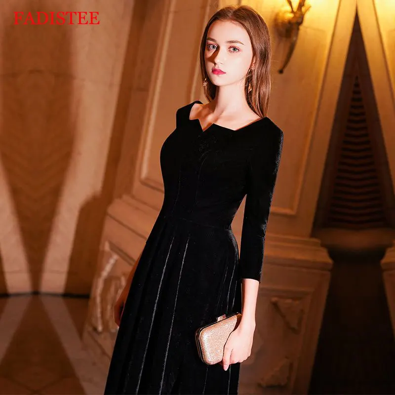 Большие размеры 3/4 рукава черные велюровые вечерние платья для выпускного вечера